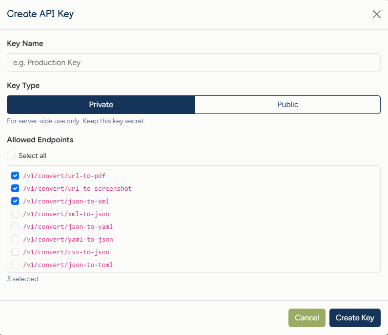 API key for conversions from server